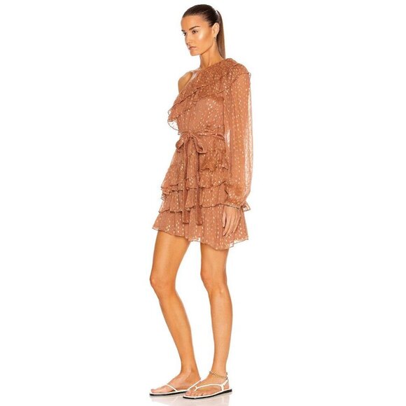 ROCOCO SAND Aine One Shoulder Belted Mini Dress Tan Womens Size Small - Picture 3 of 9